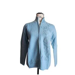 Karen Scott Baby Blue 100% Wool Embroidered Zip Sweater Sz L